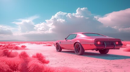 AI generated illustration of a pink car driving in desert with sky backdrop