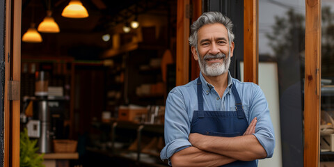 Poster - Small business owner old man stand in his business door