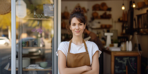 Wall Mural - Small business owner woman stand in her business door