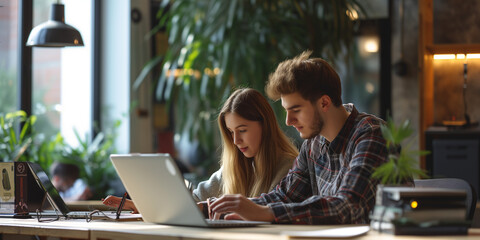 Wall Mural - young handsome man and young beautiful woman working at the office front of the laptop computer