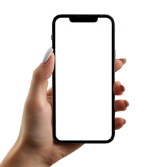 hand with great color nail design holds big phone with white screen iphone 13 flat view white background for website. transparent bakcground. PNG
