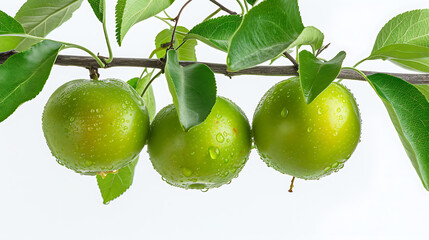 Wall Mural - three green fruits hanging from a tree branch with leaves on it, with a white background,