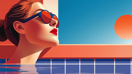 Wall Mural - A portrait of a beautiful woman in sunglasses, sunbathing and swimming in the pool on vacation. Illustration in retro style