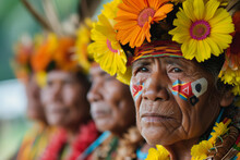 Indigenous Wisdom, Woman With Floral Headdress And Tribal Paint