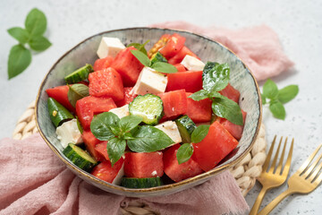 Wall Mural - Summer salad with watermelon, mint, cucumber and feta cheese
