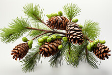 Pine Tree Branch And Cones Isolated On White