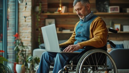 Man sitting wheel chair using laptop. Generative AI.