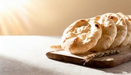 Wall Mural - Homemade pita bread on neutral background with copy space