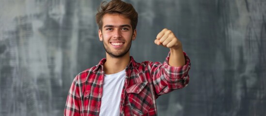 Canvas Print - A young man exhibits confident, powerful gestures, proudly showing strength with a closed fist.