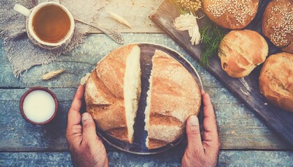 Wall Mural - Broken white bread in male hands, vintage toning