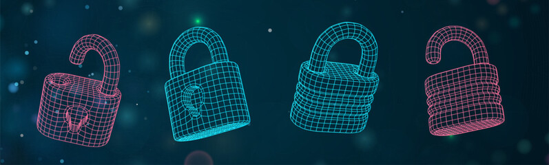 Digital security icons Padlock, lock, cyber, wireframe, mesh grid, network. Blue vector elements for online protection. Futuristic key, HUD design. Global privacy for humanity. Vector illustration set