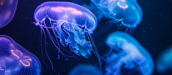 Underwater neon jellyfish in a magical sea.