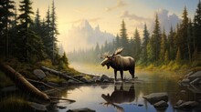 Wild Nature Scene With Moose Deer In The Creek In The Morning With Reflections In The Water. Pine Forest Background.