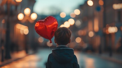 Boy holding a heart shaped balloon in the city generative ai
