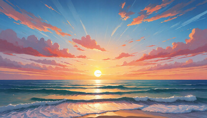 Wall Mural - Sunset over sea art illustration, beautiful pastel colors painting