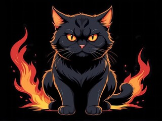 a cat with an angry gaze, with a fire effect, very detailed t-shirt design, flat cartoon