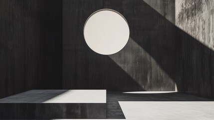 Canvas Print - A concrete room with a round window and some stairs, AI