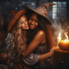 Dos  mujeres jovenes, chica afroamericana  y chica rubia abrazadas y felices con sombreros  de bruja. Amistad y felicidad en fiestas de halloween 