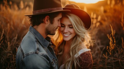 Canvas Print - A man and woman in cowboy hats kissing each other, AI