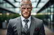 Portrait of unconventional tattooed stylish brutal man in a oficial suit. Modern hipster businessman with a tattoo. Business concept