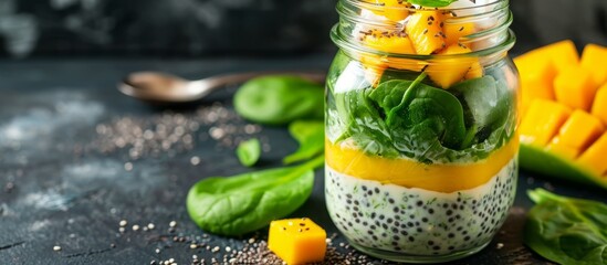 Poster - Mason jar filled with spinach, coconut, mango, and chia seeds.