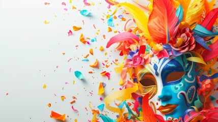 Dynamic carnival design showcasing colorful masks and playful decorations against a clean white background generative ai