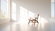 Minimalist house interior design, room with wooden chairs on floor and white walls, natural lighting shadow from morning sunlight through the window.