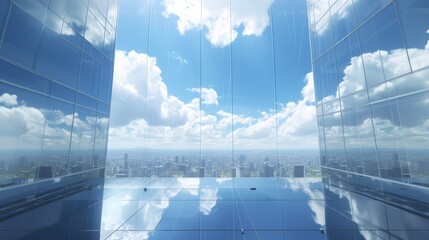 Poster - A large glass window with a view of the city and sky, AI