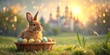 Photorealistic illustration for Easter Day, bunny and painted eggs in soft pastel colors, on blurred background bokeh you can see a temple, for design of greeting card or post in soci