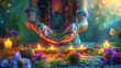 Hands of spiritual medicine woman preparing medicinal herbs with lit candles; holy ritual plants. purification and healing of soul and body. natural remedy of shaman healer, for holistic care