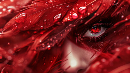 Wall Mural - Piercing red eyes peeking out from a tangle of red wings glistening with drops of crimson.