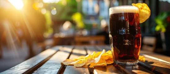 Wall Mural - Enjoying a sunny day at the cafe with a Pilsner Glass brimming with dark beer and potato chips as a snack.