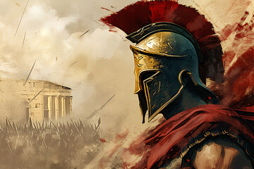 An illustration featuring a Spartan soldier wearing a helmet, set against a battlefield background, capturing the essence of ancient warfare and courage.
