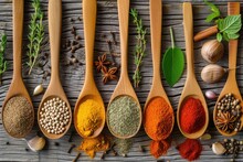 Various Spices And Herbs On Wooden Spoons Flat Lay Of Ingredients Including Chili Garlic Thyme Cinnamon Star Anise Nutmeg Sage And Parsley On A Wooden Background