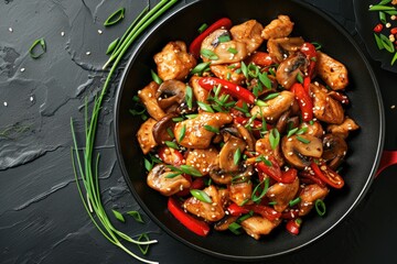 Wall Mural - Asian style stir fried chicken with paprika mushrooms chives and sesame seeds cooked on a black kitchen table