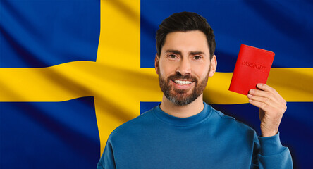 Wall Mural - Immigration. Happy man with passport against national flag of Sweden, space for text. Banner design