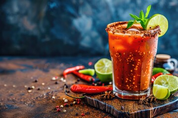 Canvas Print - Mexican inspired alcoholic cocktail with beer lime juice tomato juice spicy sauce spices and copy space