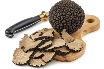 Poster - Delicacy Black truffle and slicer isolated on a white background