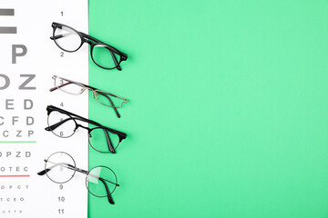 Wall Mural - Vision test chart and glasses on green background, flat lay. Space for text