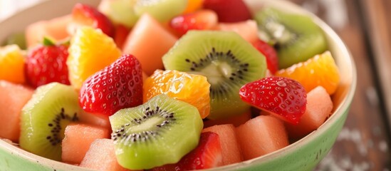 Canvas Print - Fruit salad with kiwi, melon, orange, and strawberry.