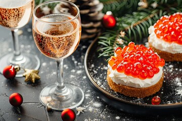 Cream cheese and red caviar snacks paired with champagne celebrating Valentine s or Christmas