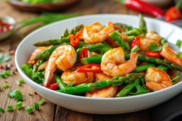 Sticker - Shrimp stir fried with asparagus is being served