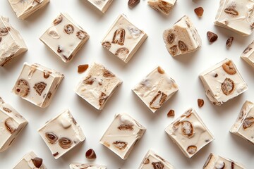 Sticker - Multiple tasty nougat pieces on white surface overhead view