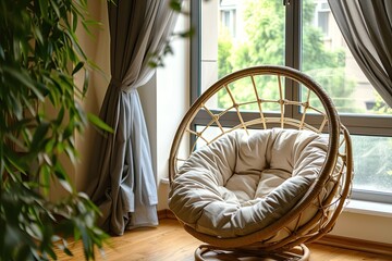 Canvas Print - Cozy papasan chair by window with chic curtains in living room Interior décor