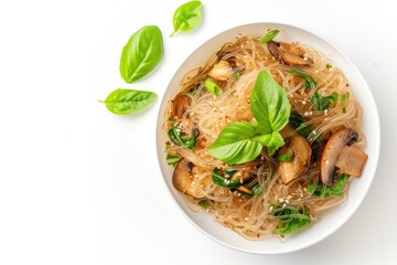 Poster - Glass noodles with shiitake mushrooms and chicken Isolated white background Top view