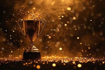 Wall Mural - gold trophy over dark smoky background with glitter lights subtly highlighting the sports concept