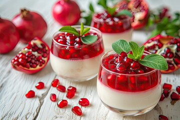 Sticker - Close up photo of delicious red dessert with pomegranate on white background