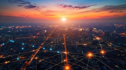 Wall Mural - Cityscape at night with skyscrapers and futuristing light grid connections glowing.