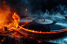 Burning Vinyl Disk On Turntable With Fire And Smoke Trail In Music DJ Concept Selective Focus