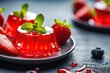 Selective focus on a delightful red strawberry jelly dessert sweetened and flavored